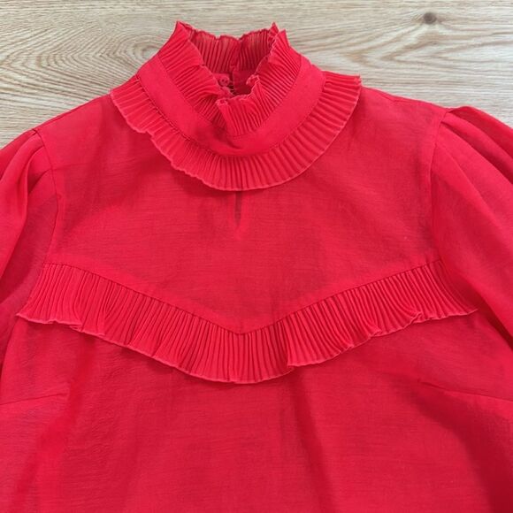 H&M Women's Frilled crêpe Ruffle Blouse Red 6 Long Sleeve Sheer Holiday Trendy - Picture 4 of 7
